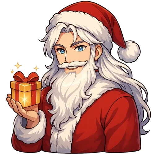 Handsome anime Santa Claus, upper body shot, full Santa hat visible, holding small glowing Christmas gift in one hand, elegant face, bright anime eyes, long silky white hair, fluffy beard, luxurious red coat, confident charming smile, vibrant colors, clean detailed lineart, fantasy anime illustration, high-resolution 3000x3000 px, sticker-friendly, transparent background Filename: SantaAnime_WithGift.png