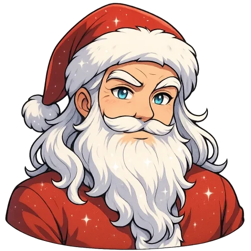 Handsome anime Santa Claus, upper body shot, full Santa hat visible, shoulders included, elegant face, bright expressive anime eyes, long silky white hair, fluffy beard, luxurious red coat, playful cute smirk, sparkling snow effect, vibrant colors, high-resolution 3000x3000 px, sticker-friendly, transparent background Filename: SantaAnime_CuteSmirk.png