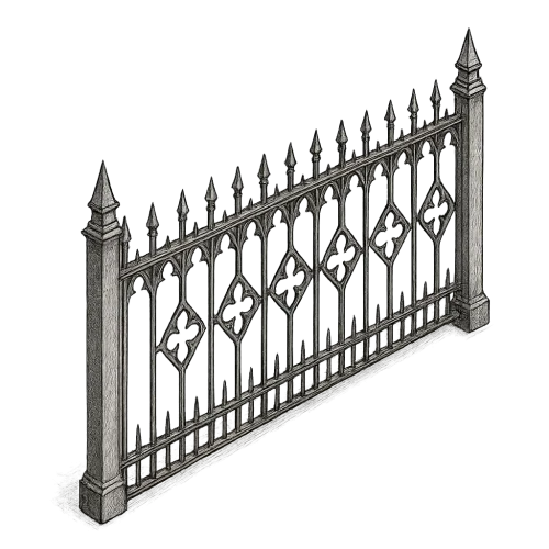 gothic style, straight old metal fence, drawn style, transparent background, isometric view