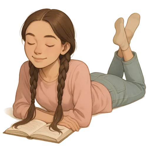 semi-realistic teenage girl lying on her stomach with legs gently raised, peaceful relaxed expression, eyes closed, soft natural smile, long braids draping forward, modest casual clothing in soft pastel colors, smooth clean shading, elegant and wholesome character design, simple transparent background, high resolution, book cover illustration style, gentle warm tone, feminine and aesthetic