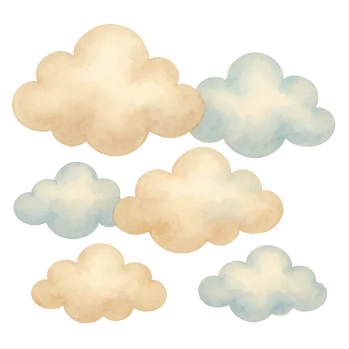 watercolor vintage baby clouds, soft fluffy shapes, pastel blue beige and light brown tones, gentle shading, cozy hand-painted texture, cute baby shower theme, several clouds grouped together, transparent background, high quality illustration