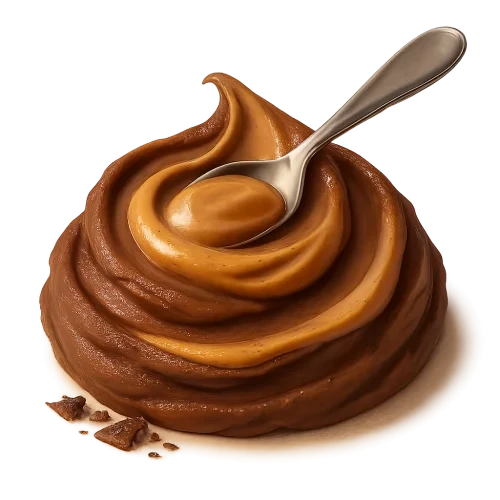 A realistic, appetizing swirl of chocolate peanut butter in rich cocoa-brown and warm nutty tones. The swirl must look natural and hand-scooped — with soft uneven ridges, gentle peaks, and organic flowing curves (NOT a perfect circle). The peanut butter should look creamy, luscious with a velvety very smooth surface and natural glossy highlights, showing soft light reflections on the peaks and deeper shadows in the folds.  Place a shiny stainless-steel spoon **resting on the swirl**, not dipped in, Add a few small, subtle chocolate pieces or delicate chocolate shavings near the base — elegant and minimal. Soft warm studio lighting for a cozy premium feel. Include a soft natural shadow beneath to make the swirl and spoon appear resting on the label surface.  **Transparent PNG**, no background, no bowl, no table. Centered composition, photorealistic, artisan food photography style.  **Do NOT:** make the swirl perfectly circular,  or symmetrical.