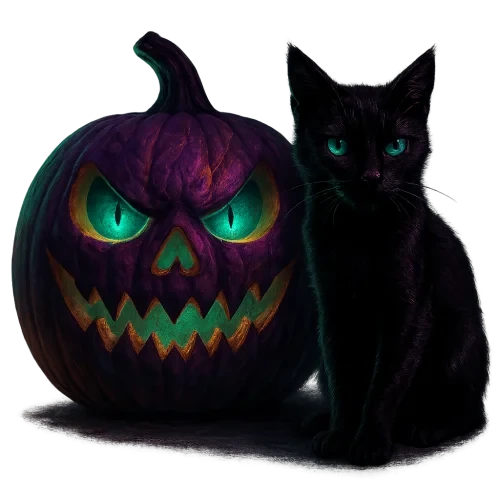 Front-lit low-angle artistic PNG of a Halloween pumpkin with glowing purple and green tones, featuring sea-blue cat eyes. A black cat sits beside it in a creepy pose, lit from the front to reveal textures and sharp details. Smooth silhouette edges, no background, transparent cutout, designed for high-resolution PNG export, horror theme with glowing highlights and reflections.