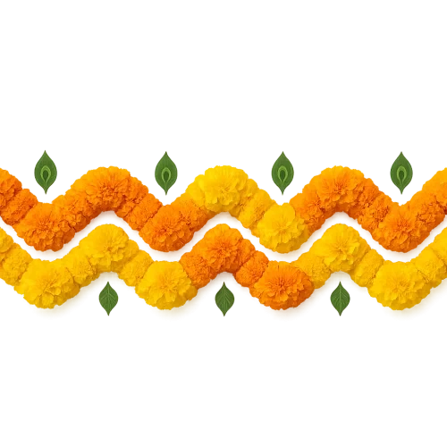 Traditional Indian marigold flower garland border design, wavy zigzag pattern made of bright orange and yellow marigold petals, accented with small green leaf or peacock feather motifs. Isolated on a plain white background, symmetrical, seamless horizontal border, high resolution, realistic festive texture.