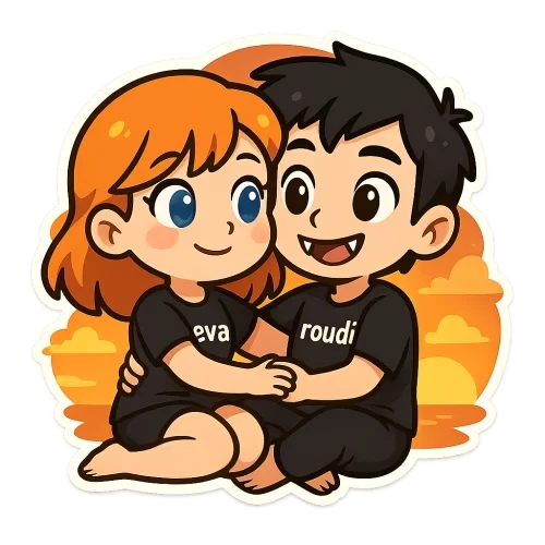 A cute good cartoon couple, girl with orange hair and blue eyes wearing black pijama with "eva", boy with black hair and brown eyes vampire teeth wearing black pijama with "roudi" , Sitting and hugging each other while watching the sunset ,sweet couple sticker style, transparent background, 512x512