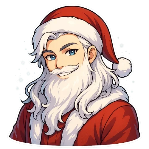 Handsome anime Santa Claus, upper body shot, full Santa hat visible, head tilted slightly to left, elegant face, expressive bright anime eyes, long silky white hair, fluffy beard, luxurious red coat, playful smirk, glowing snowy background, vibrant colors, high-resolution 3000x3000 px, sticker-friendly, transparent background Filename: SantaAnime_TiltLeft.png