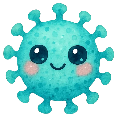 rich vibrant watercolor illustration, cute kawaii microbiology character, round bouncy virus creature with soft rounded spike proteins, teal and aqua watercolor pigments with mottled texture and granulation, big shiny eyes with pale blue and pale pink highlights so they do not disappear on transparency, rosy cheeks, tiny curved smiling mouth, soft edges, no text, no border, transparent background