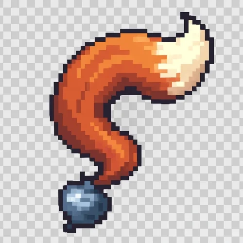 8bit pixel art style, small grey metal turnip with no leaves positionned in the bottom left corner and a very large fox tail sprouting from the top of the turnip instead of the leaves , swirling counter clockwise from the turnip to the tip of the tail and taking most of the picture space