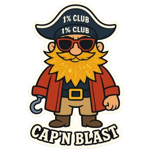 A cartoon pirate named 'Cap'n Blast' with a golden explosion-shaped beard featuring detailed sparks, wearing red aviator sunglasses and a '1% Club' bandana. The character is in a 2D flat style with thick outlines and vibrant colors. The pose is full-body, with a symmetrical face. The background is transparent, and there are no shadows. The image should be in a sticker PNG format, inspired by Disney/Pixar animation styles.