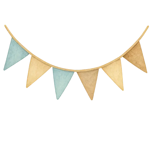 watercolor vintage baby shower bunting banner, soft pastel blue beige and brown colors, fabric texture, triangular flags hanging on a beige string, gentle curve like hanging in the air, soft light, cozy warm tones, transparent background, high quality, hand-painted look