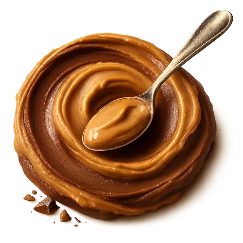 A realistic, appetizing swirl of chocolate peanut butter in rich cocoa-brown and warm nutty tones. The swirl must look natural and hand-scooped — with soft uneven ridges, gentle peaks, and organic flowing curves (NOT a perfect circle). The peanut butter should look creamy, very luscious with a velvety very smooth surface and natural glossy highlights, showing soft light reflections on the peaks and deeper shadows in the folds.  Place a shiny stainless-steel spoon **resting on the swirl**, not dipped in, Add a few small, subtle chocolate pieces or delicate chocolate shavings near the base — elegant and minimal. Soft warm studio lighting for a cozy premium feel. Include a soft natural shadow beneath to make the swirl and spoon appear resting on the label surface.  **Transparent PNG**, no background, no bowl, no table. Centered composition, photorealistic, artisan food photography style.  **Do NOT:** make the swirl perfectly circular,  or symmetrical.