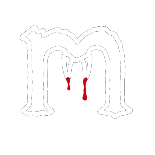 a white spooky outline of the lowercase letter m with bloody fangs