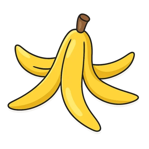 a cartoon-style illustration of banana peels, bright yellow with soft shadows and simple shapes, clean vector-like outlines, flat colors, minimal shading, educational eco-friendly design, same visual style as colorful recycling bins, isolated on transparent background, high resolution png, perfect for 2D game sprite