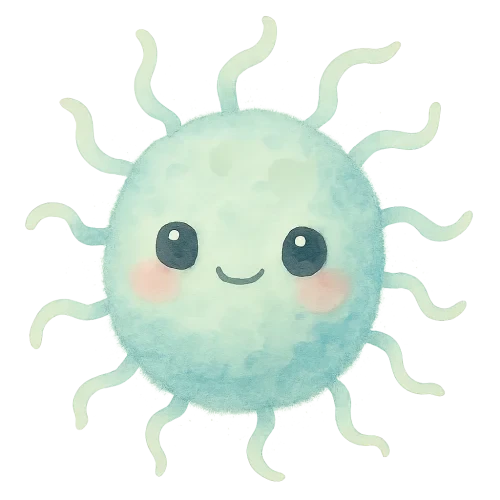 soft watercolor illustration of a cute round teal bacteria with wavy flagella, big shiny kawaii eyes, rosy cheeks, gentle pastel colors, soft edges, friendly expression, no text, no border, transparent background