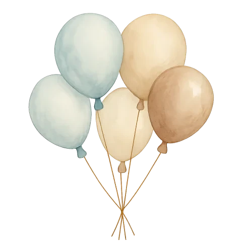 watercolor vintage baby shower balloons, soft pastel blue beige and brown colors, hand-painted style, gentle light and shadow, tied with thin beige string, cozy and cute composition, floating softly, transparent background, high quality illustration