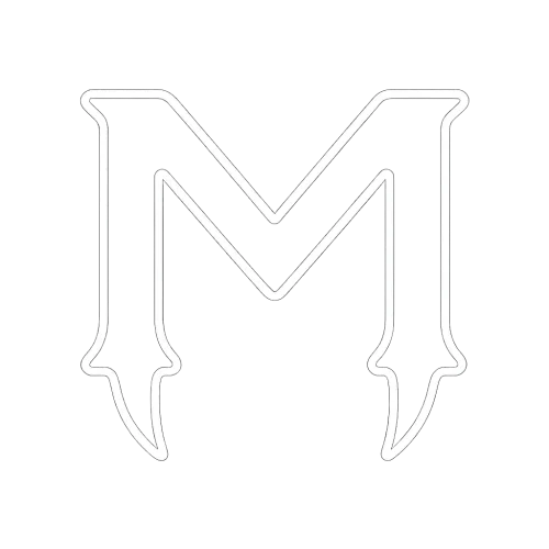 a white outline of the letter m with fangs