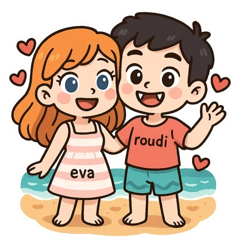 Cute cartoon couple, girl with orange hair and blue eyes wearing sweet beach dress of summer with "eva", boy with black hair and brown eyes vampire teeth wearing cute outfit of beach with "roudi", happy in the beach of hearts , sweet couple sticker style, transparent background, 512x512