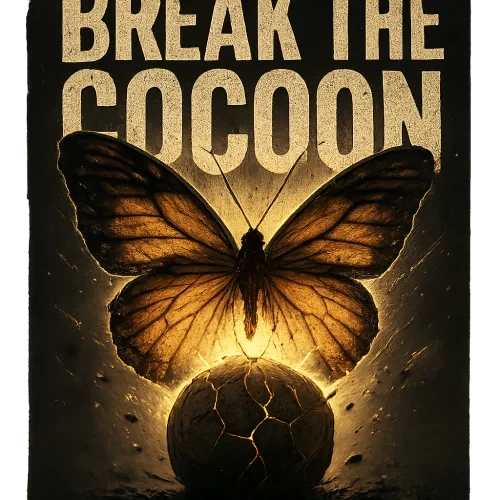 A powerful butterfly breaking through a cracked cocoon with glowing light effects, dramatic cinematic style, with bold text “BREAK THE COCOON” in distressed grunge font, transparent background, high resolution, perfect for edgy designs