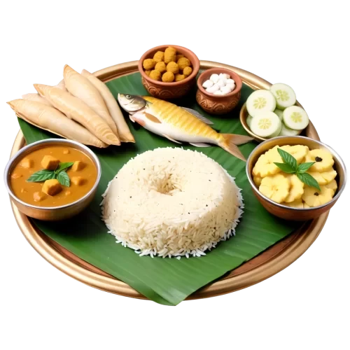 Illustrate a traditional Baisakhi meal, dishe like panta bhat (soaked rice), ilish mach (Hilsa fish), and various sweets. . detailed, highly sharp, clear, clean line, artistic, eye catching, very attractive, 128k extremely realistic,  uhd.