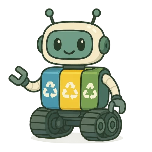 A cute eco-friendly robot designed in a clean cartoon illustration style, inspired by recycling themes. The robot has a friendly design with soft, rounded shapes and expressive digital eyes. Its body is made from colorful recycling bins — blue, yellow, and green panels — with white recycling symbols integrated into its design. The blue part represents paper, the yellow part represents plastics, and the green part represents glass. The robot has small mechanical arms for sorting trash, and tank-like wheels or treads for movement. The style is flat and bright, with smooth vector-like outlines, minimal shading, and soft shadows. Educational, positive, and environmentally themed character. Transparent background, high-resolution PNG, perfect for 2D game sprite.