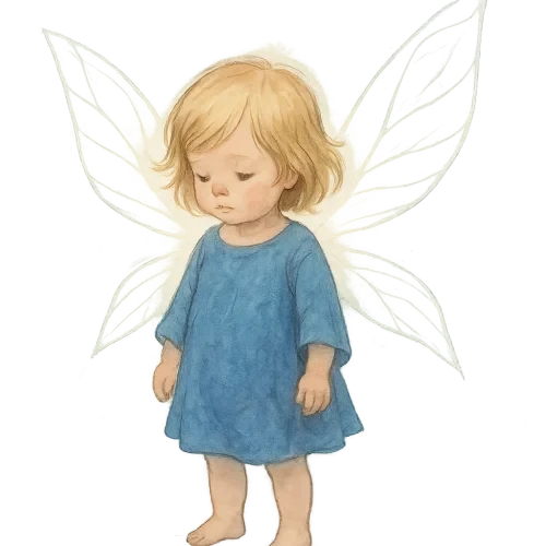 A 2-year-old child with medium-length blonde hair, wearing a simple flowing blue outfit, with large glowing transparent fairy wings inspired by the heroine from Child of Light. Illustrated in a dreamy watercolor style, soft brushstrokes, pastel blue and lavender tones, ethereal fantasy atmosphere, luminous backlight, delicate outlines, storybook art style, Ubisoft Montreal concept art style, transparent background.