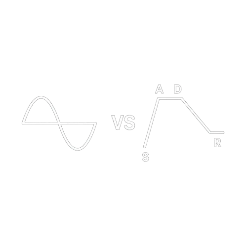 please create a single cycle sine waveform from a LFO the put the vs. letters and then put the representation of a ADSR envelope lines, with a minimalist style in white color the lines
