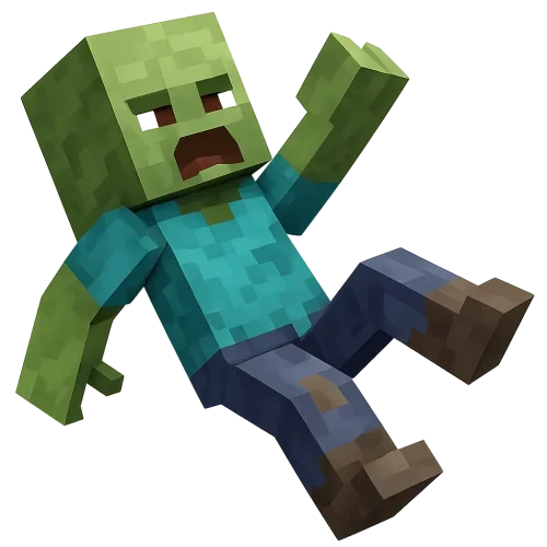 A Minecraft-style zombie villager, blocky and pixelated, shown from a side view. The zombie villager is mid-fall backwards with arms flailing and one leg bent, wearing tattered clothes and a surprised expression. Hands are blocky and cube-shaped, not detailed fingers. The art should be sharp and clean — no motion blur and no shadow — and match Minecraft’s blocky texture style. Use a transparent or white background with bright, even lighting. no hair