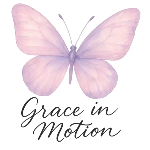 Delicate pastel watercolor butterfly, soft pink and lavender shades, with the phrase “GRACE IN MOTION” in elegant handwritten script, transparent background, high resolution, ideal for feminine T-shirt designs