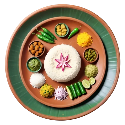 A photorealistic, highly detailed, a traditional terracotta clay plate, top-down view. The plate is generously filled with authentic Bengali New Year (Pahela Boishakh) food. The centerpiece is Panta Bhat, fermented rice, glistening and moist, with a few whole green chilies and a slice of red onion on top. To the side, there is a fried Ilish Mach (Hilsa fish) piece, golden brown and crispy, with detailed scales and fins visible. The plate is also filled with an assortment of traditional Bengali sweets like multiple pieces of sandesh, roshogolla, and chomchom in different colors and shapes, all slightly glistening. The plate should have traditional Bengali terracotta patterns etched along the rim, showing wear and tear. The image should have soft, natural lighting highlighting the textures of the food and plate, creating a warm and inviting atmosphere. No other elements should be present, only the food-filled plate. detailed, highly sharp, clear, clean line, artistic, eye catching, very attractive, 128k extremely realistic,  uhd.