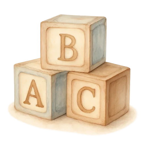 watercolor vintage wooden toy blocks, with engraved letters A B C, soft pastel blue beige and brown colors, hand-painted style, gentle shadows, stacked slightly, cozy baby shower theme, warm light, transparent background, high quality illustration