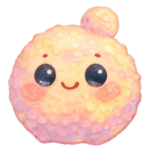 rich vibrant watercolor illustration, cute kawaii microbiology character, chubby round pastel rainbow yeast buddy, soft bumpy surface like rising dough, gentle bubbly texture, warm peach, pastel pink, lavender and buttercream yellow blending, big shiny eyes with pale blue and pale pink highlights so they do not disappear on transparency, tiny dot eyebrows, small smiling mouth, rosy cheeks, soft edges, no text, no border, transparent background