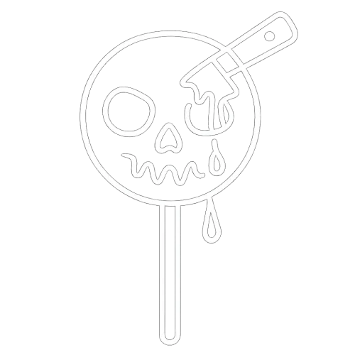 a white outline of a creepy halloween lollipop with a little bloodied blade in it