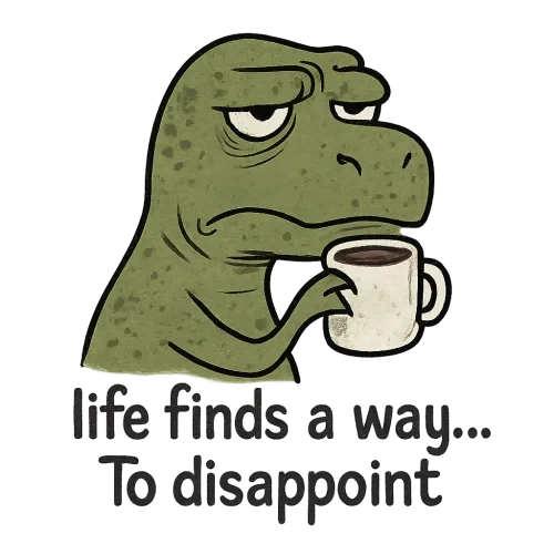Create a annoyed and depressed Dinosaur sipping coffee with the caption "life finds a way. . . To disappoint