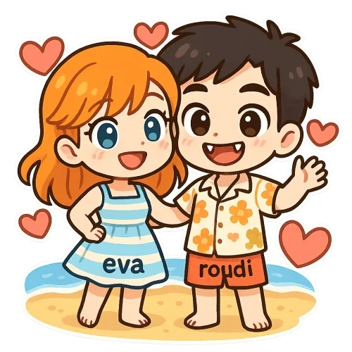 Cute cartoon couple, girl with orange hair and blue eyes wearing sweet beach dress of summer with "eva",  Beautiful boy with black hair and brown eyes vampire teeth wearing cute outfit of beach with "roudi", happy in the beach of hearts , sweet couple sticker style, transparent background, 512x512