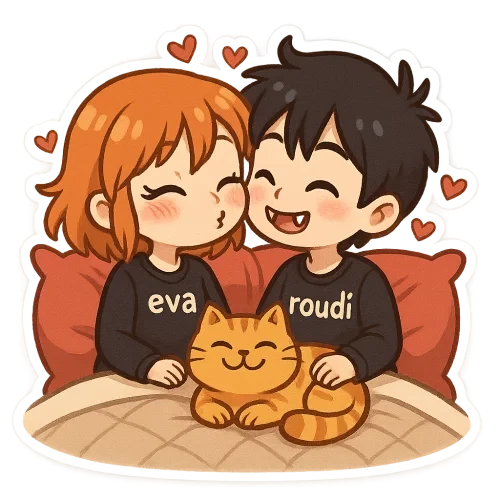 A cute good anime couple, girl with orange hair and blue eyes wearing black pijama with "eva", amazing boy with black hair and brown eyes vampire teeth wearing black pijama with "roudi" , and orange fat cat smile,  kissin in sweet christmas full with hearts in amazing bed ,sweet couple sticker style, transparent background, 512x512