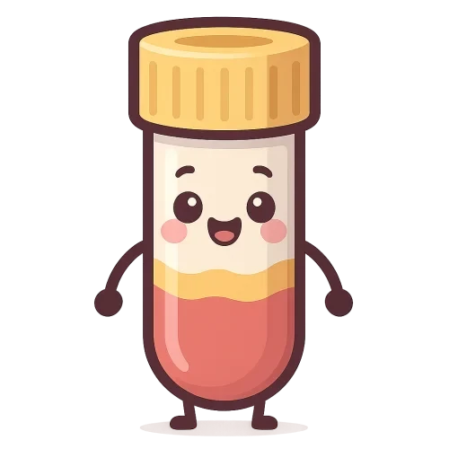 create a cartoon themed SST blood test tube cartoon character with a yellow cap and visible serum seperator gel layer, cute kid friendly aesthetic, thick smooth outline, bold pastel color palette, smiling adorable expression, vector style art, soft shading, professional print illustration. extremely sharp edges. maximum resolution pnggen is capable of.
