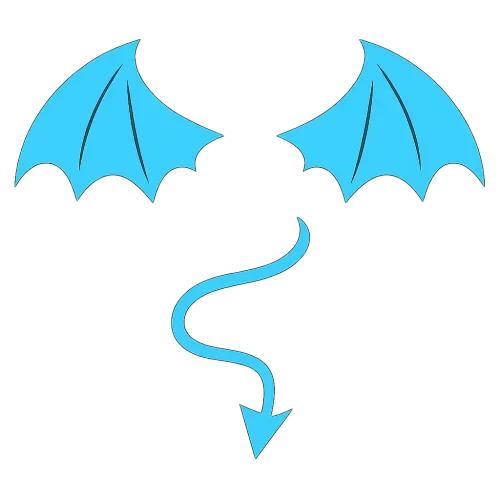 Minimalist vector illustration. **Isolated, stylized devil wings with pointed tips and scalloped edges, resembling bat wings. Below them, an isolated devil tail, thin and elegant, curving gracefully into a sharp, triangular barb at the end.** All elements feature sharp, clean lines and solid, uniform shapes without any gradients or textures. Absolutely no glow, neon, or reflective effects. High contrast design with all elements in a bright, vibrant cyan against a pure, plain black background. The overall aesthetic is clean, crisp, and emblematic of a modern, flat vector graphic