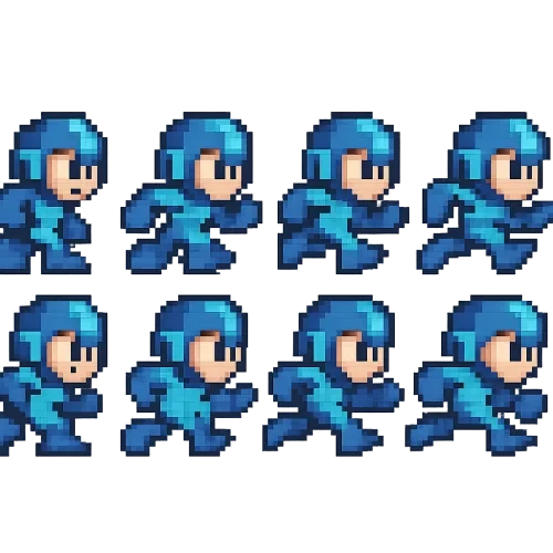a pixel art sprite sheet of a small blue robot character running in different animation frames, inspired by retro 8-bit video games, side view perspective. the character wears a blue suit with cyan highlights and a helmet with a face visor. the sheet shows multiple sequential poses illustrating a running cycle — starting from crouching, then stepping forward, mid-run, and leaning forward in motion. each frame is pixelated with crisp outlines, simple shading, and a limited color palette. arranged in neat rows on a transparent or black background, designed for 2D side-scrolling video games, retro NES-style aesthetic, consistent proportions and smooth movement progression