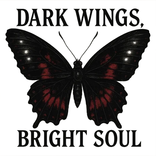 A dark gothic butterfly with black and crimson wings, glowing white highlights, with the phrase “DARK WINGS, BRIGHT SOUL” in gothic serif font, transparent background, high resolution, perfect for alternative fashion