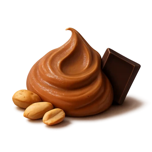 A realistic, appetizing composition featuring a small, natural dollop of chocolate peanut butter in rich cocoa-brown and warm nutty tones — smooth, creamy, and gently glossy with soft highlights. Resting beside it are a few roasted peanuts with warm toasted color and natural texture, and one elegant dark chocolate square leaning slightly against the dollop. The arrangement should look simple, premium, and balanced, not cluttered.The lighting is soft, warm studio lighting to enhance richness and give a cozy, premium artisanal feel. Include a subtle soft shadow underneath the elements so they appear naturally grounded, as if resting on the label surface.No background. No plate. No container. Transparent PNG. Centered composition. Photorealistic. Smooth, indulgent, premium peanut butter brand style.