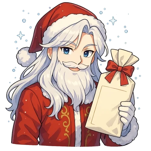 Cute handsome anime Santa Claus in anime style, upper body shot, full Santa hat visible, long silky white hair, fluffy beard, stylish red coat with golden embroidery, holding a large gift voucher or Christmas gift bag in one hand, playful side smirk smile, bright expressive anime eyes, sparkling snow around, vibrant colors, clean detailed lineart, high-resolution 3000x3000 px, sticker-friendly composition, transparent background, anime illustration style Filename: SantaAnime_GiftVoucher.png