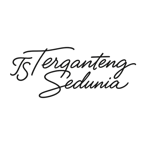 Create a transparent PNG signature with the text "Terganteng Sedunia" in elegant, flowing italic lettering. Make the style artistic, unique, refined, and visually balanced. Add a small custom logo on the left side: a stylized monogram "TS" designed with the same artistic aesthetic. Keep everything clean, smooth, and professional with soft curves and a premium signature look. No background. Transparent PNG output.