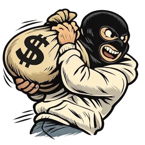 A mature vintage cartoon-style illustrated character in dynamic right profile from waist up, wearing a black wool balaclava showing only expressive eyes and mouth with a crazed wild expression, a basic white hoodie, gripping the heavy cloth money bag with a large $ symbol by the top knot with both hands, the money bag supported on his right shoulder and leaning partly against his back as if weighing a lot, clear sense of motion like running away with the loot, classic cartoon line art with varied line thickness and expressive bold outlines, emphasis on intense facial expression and dynamic posture, slight muted color palette and subtle shading, transparent background, high resolution PNG with no extra elements.