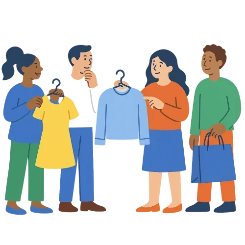 reference google.com website style illustration style with a clean, transparent background and characters in different poses. Based on  my request for a similar illustration where characters are looking at clothes they want to buy,