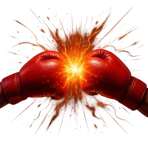 “realistic red boxing gloves punching together with intense energy explosion, shockwaves, glowing particles, fire sparks, and light trails radiating outward, high contrast lighting, transparent background, ultra-realistic reflections, dramatic cinematic look, hyper-detailed, colorful and dynamic composition inspired by TikTok fight effects”