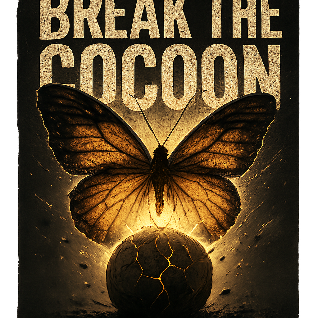 A powerful butterfly breaking through a cracked cocoon with glowing light effects, dramatic cinematic style, with bold text “BREAK THE COCOON” in distressed grunge font, transparent background, high resolution, perfect for edgy designs