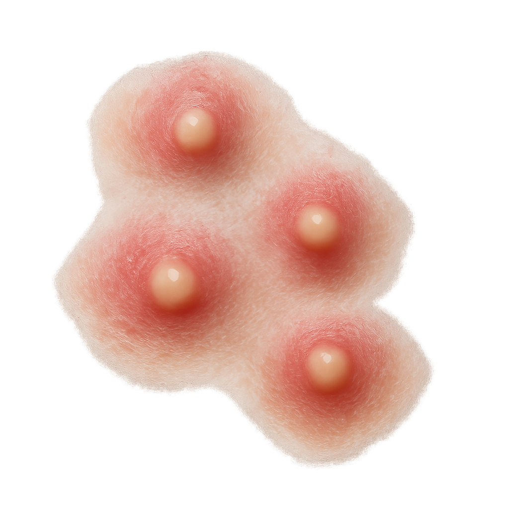 A highly realistic close-up photo of small acne pimples, isolated on a transparent background, no face, no skin, detailed texture, natural lighting, macro photography, dermatology reference, clean PNG style, 8K ultra realistic