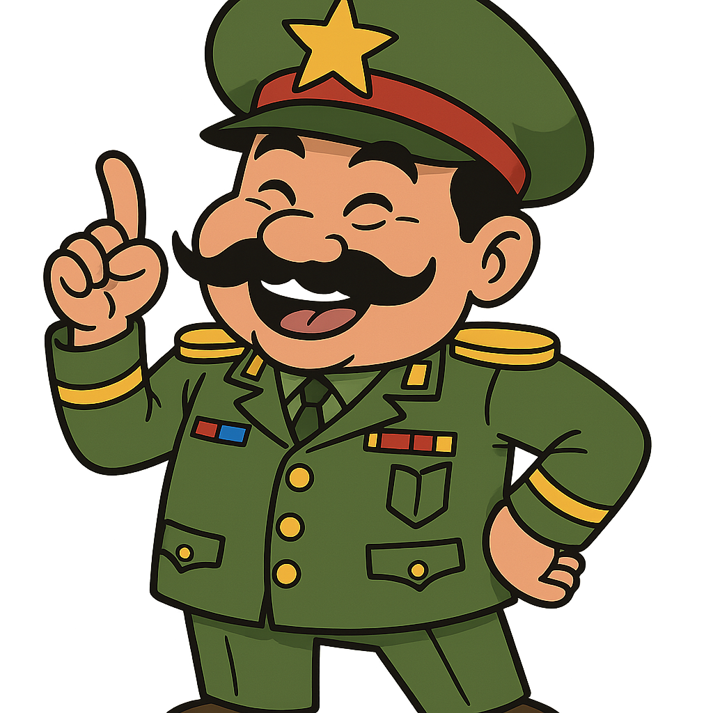 “Funny cartoon-style Asian Vietnamese colonel, clearly Southeast Asian facial features, big military hat with a star, exaggerated uniform, playful confident pose, goofy friendly expression, humorous mustache, bright colors, clean bold outlines, PNG transparent background, high-quality meme character, light-hearted and respectful design.”