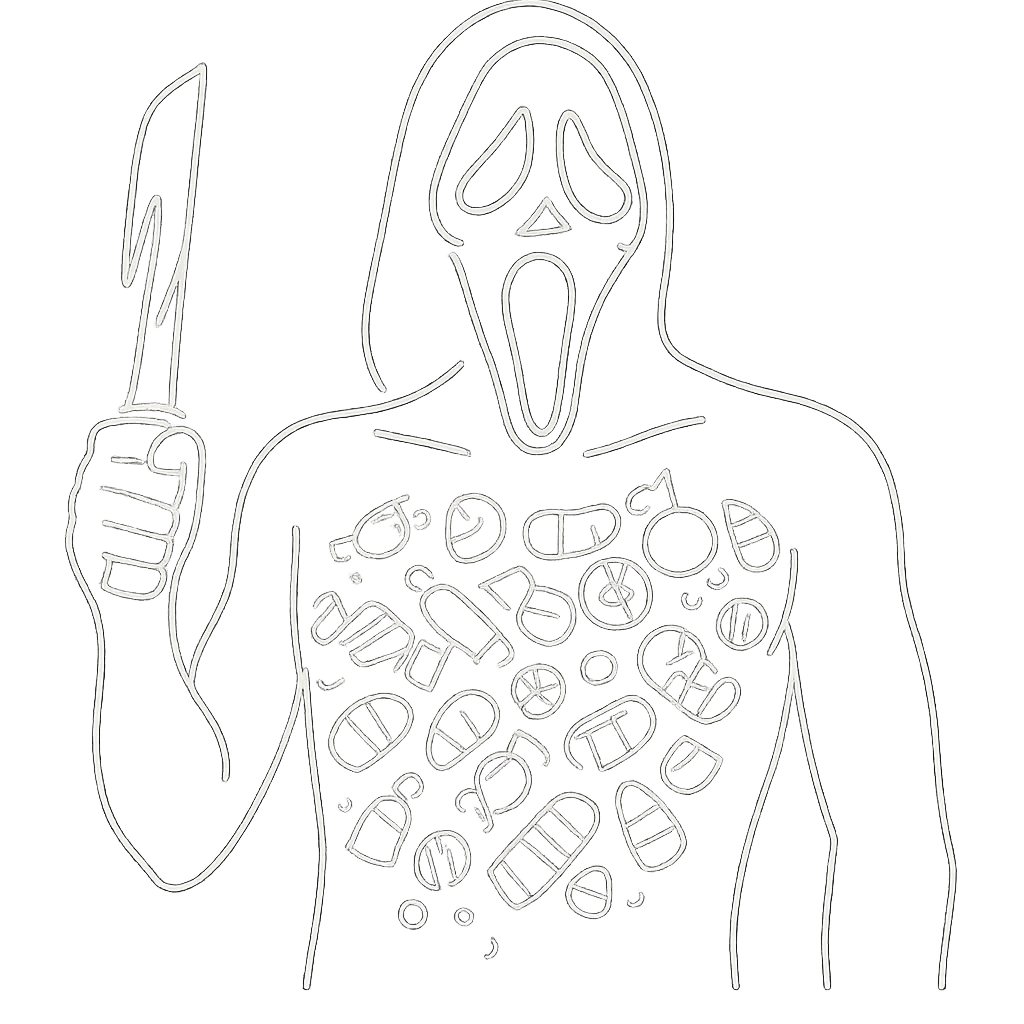 a white outline of Ghostface with a bloody knife, bare chest covered in halloween candies, transparent background