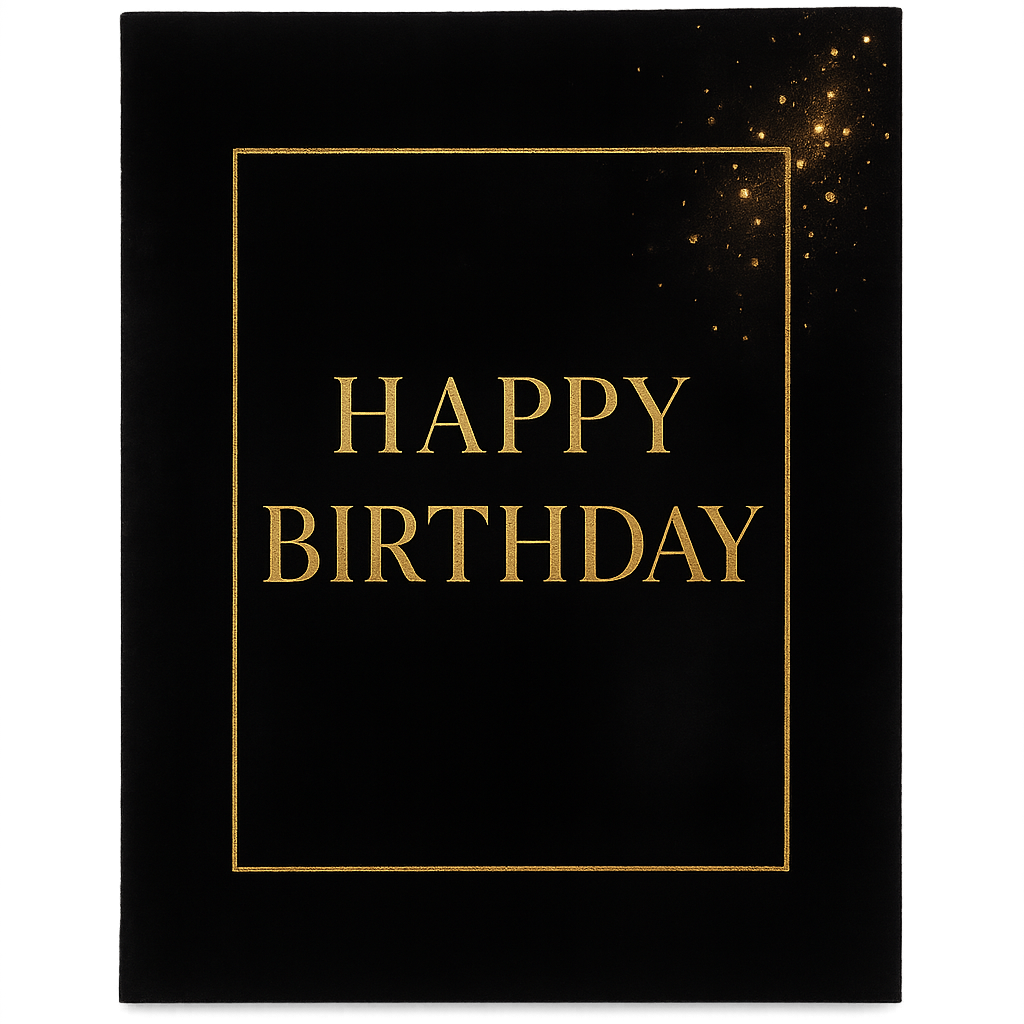 "modern luxury birthday card template, black velvet background, gold foil typography area, champagne sparkles, premium editorial minimalism, transparent PNG layered composition, upscale evening celebration look"  Luxury Colors: Black Velvet + Gold